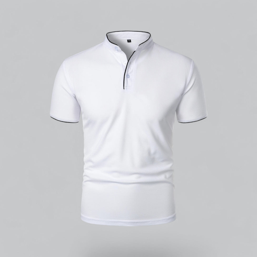 white men's polo shirt with black-trimmed mandarin collar, front view