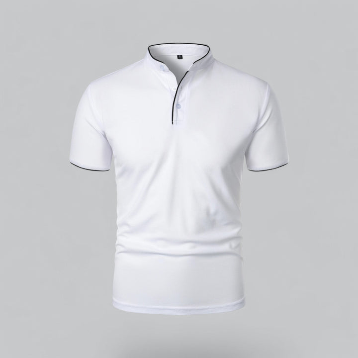 white men's polo shirt with black-trimmed mandarin collar, front view