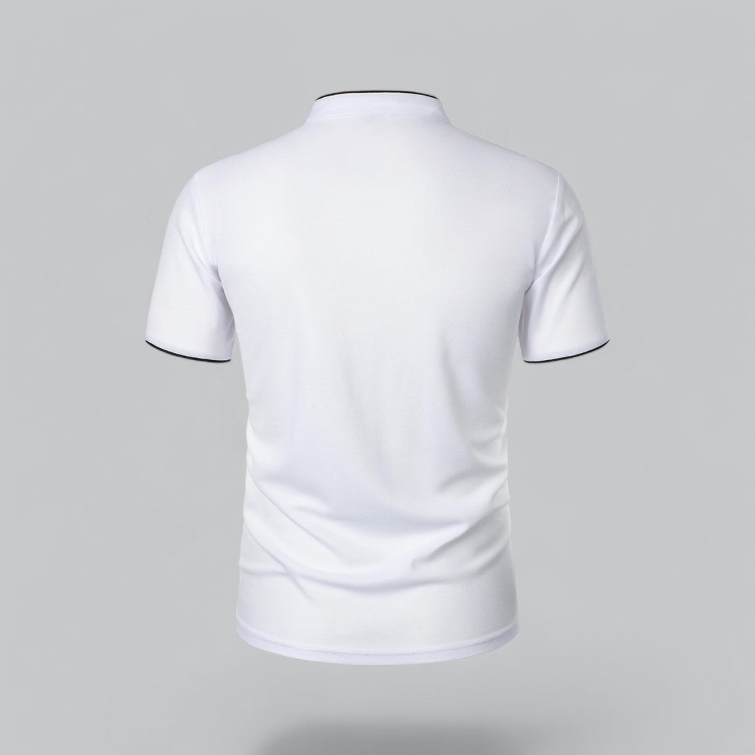 white polo shirt showing plain back and short sleeves