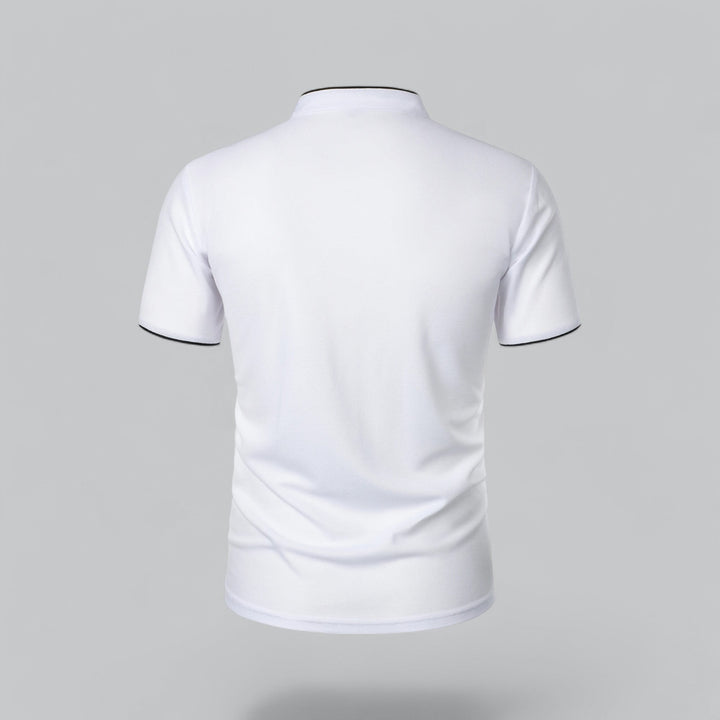 white polo shirt showing plain back and short sleeves