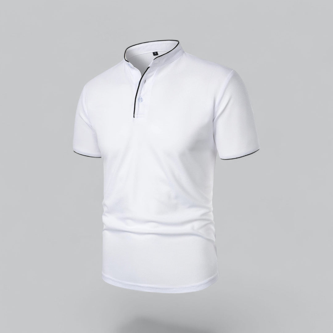 white collarless polo shirt with black piping, angled front view