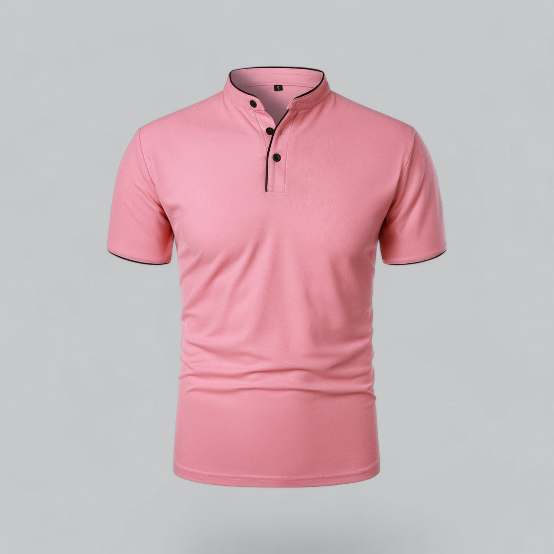 pink men's polo shirt with black-trimmed mandarin collar, front view
