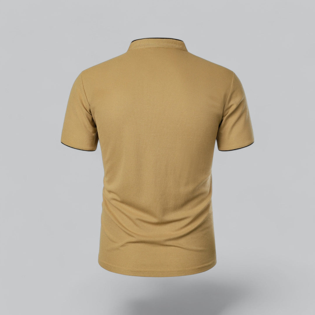 mustard yellow men's polo shirt showing plain back and short sleeves