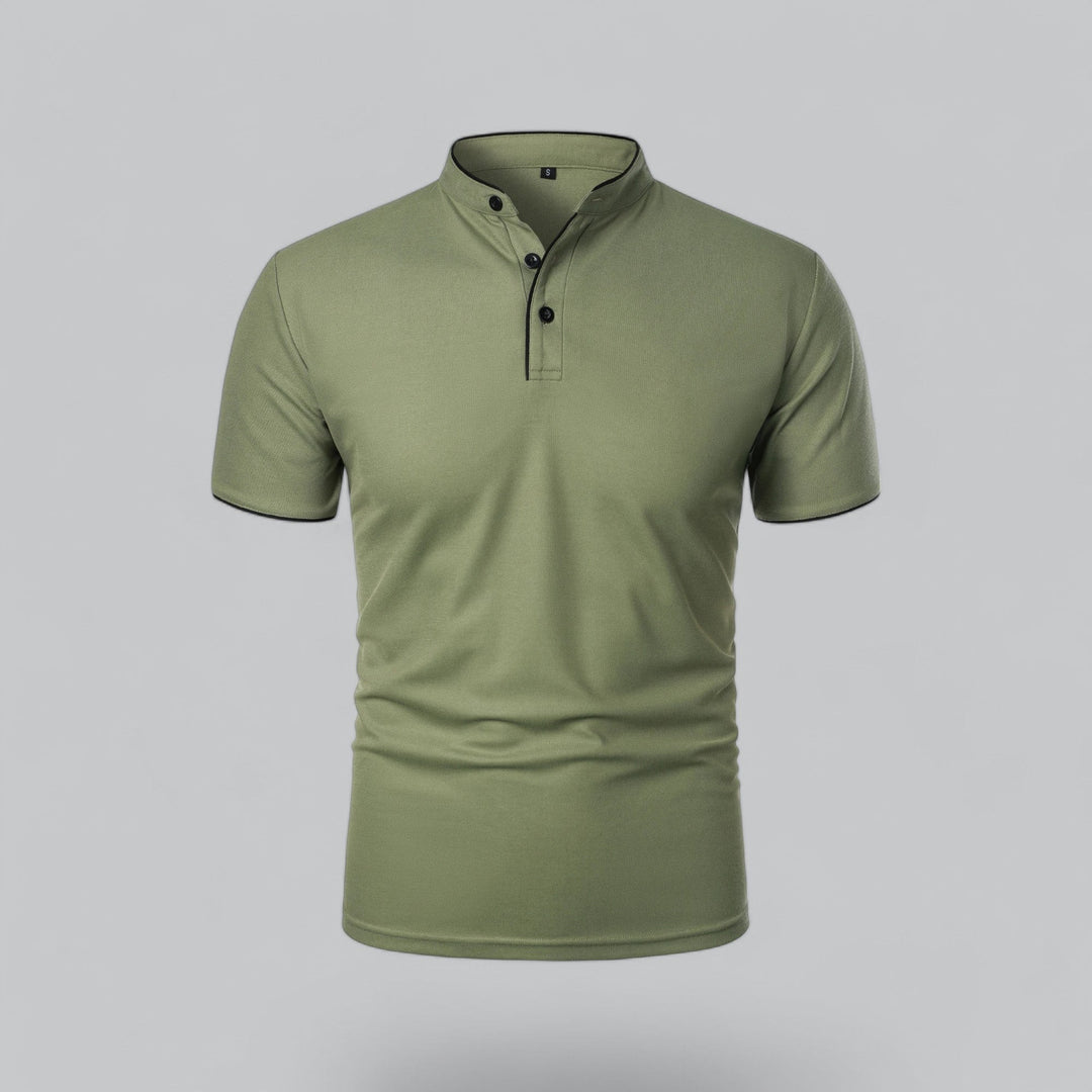 olive green men's polo shirt with black-trimmed mandarin collar, front view
