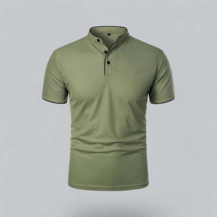 olive green men's polo shirt with black-trimmed mandarin collar, front view