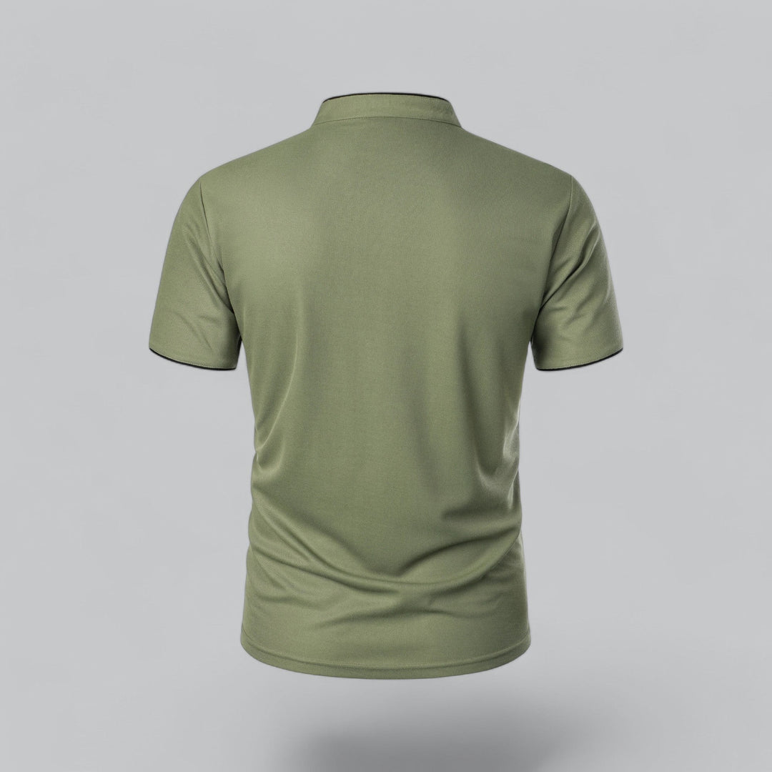 olive green polo shirt showing plain back and short sleeves