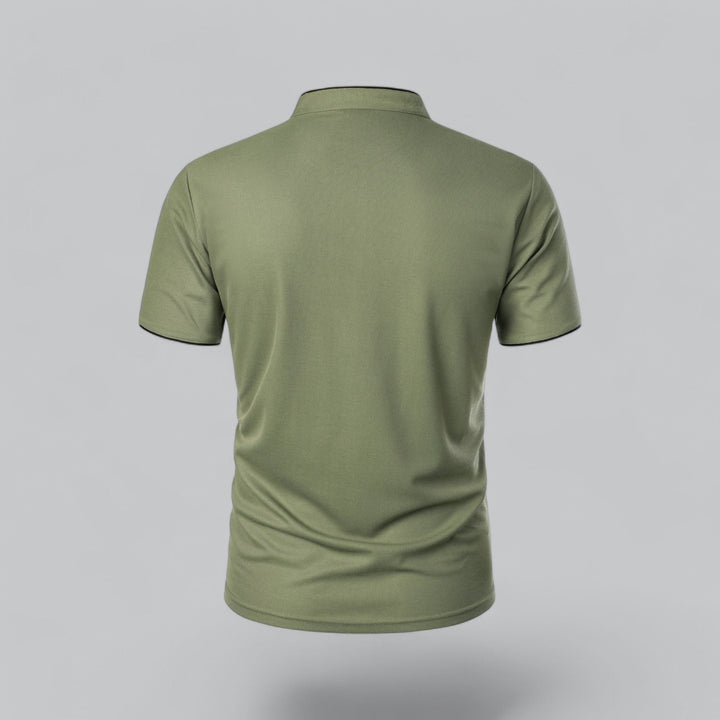 olive green polo shirt showing plain back and short sleeves