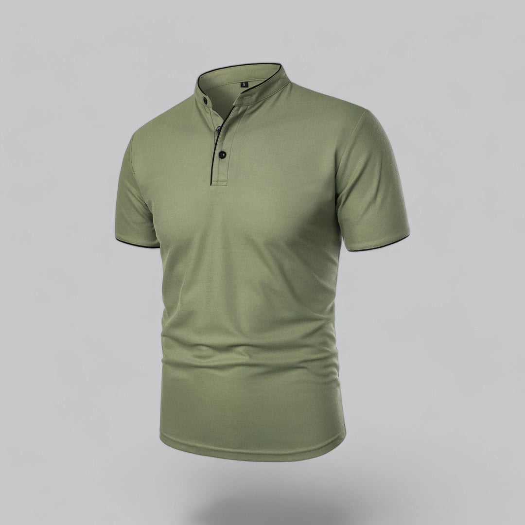 olive green collarless polo shirt with black piping, angled front view