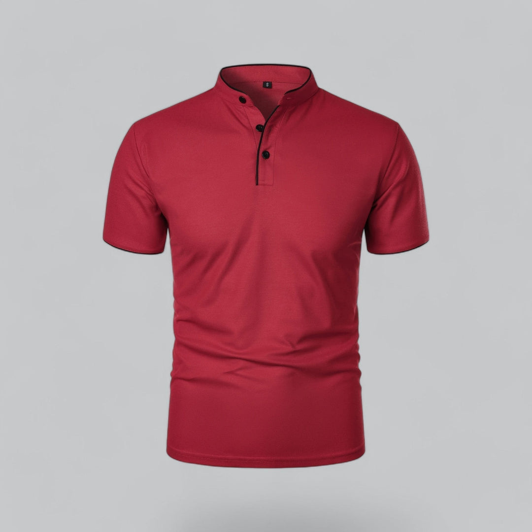 deep red men's polo shirt with black-trimmed mandarin collar, front view