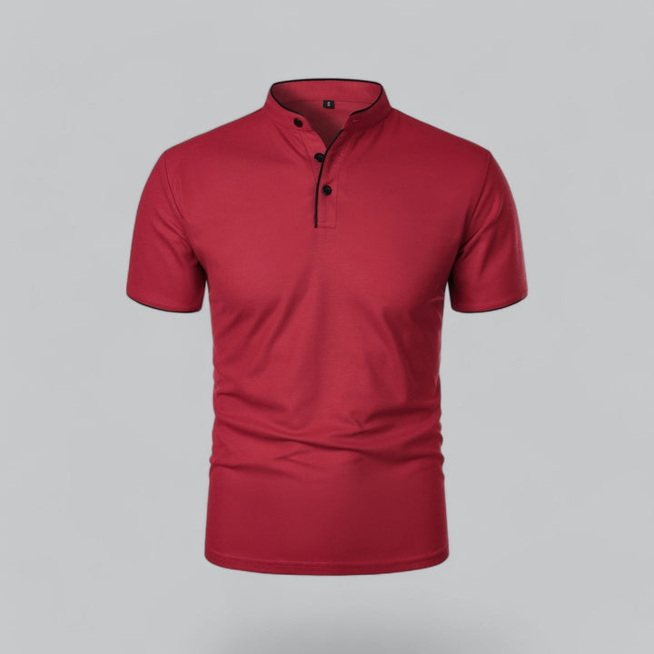 deep red men's polo shirt with black-trimmed mandarin collar, front view