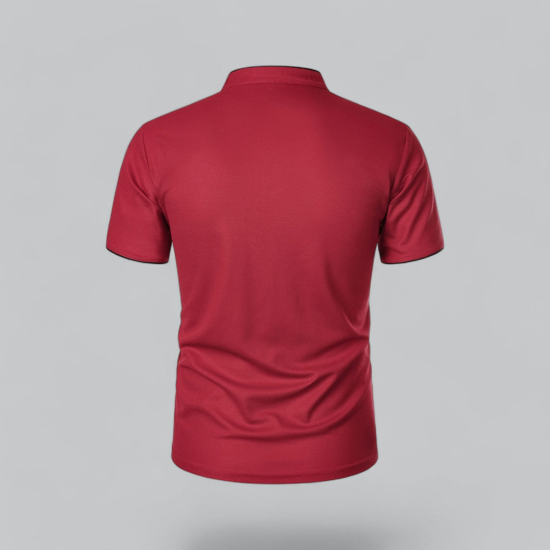deep red polo shirt showing plain back and short sleeves