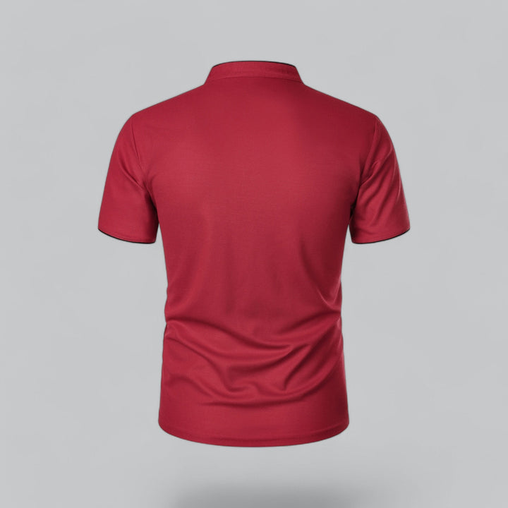 deep red polo shirt showing plain back and short sleeves