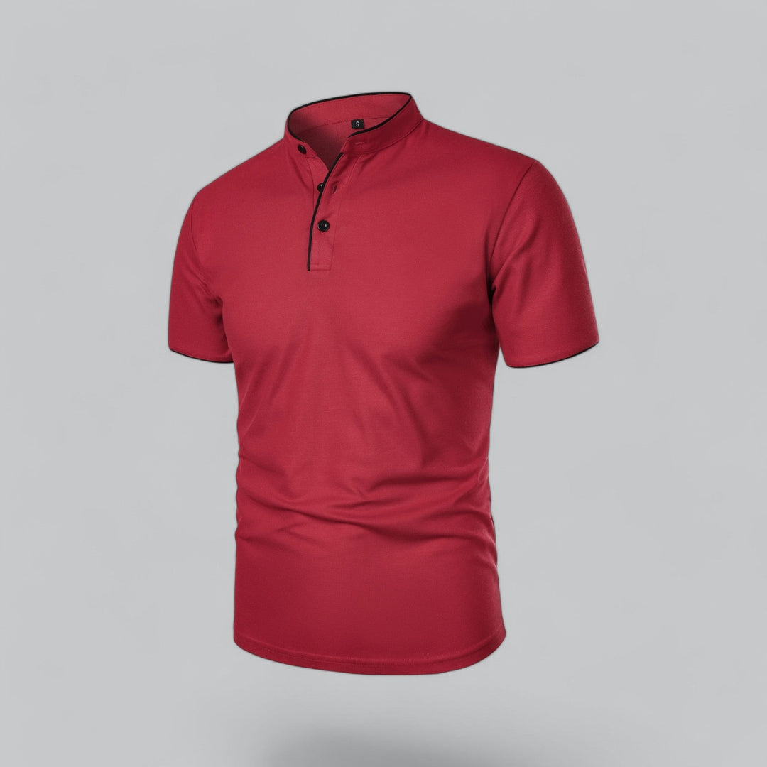 deep red collarless polo shirt with black button placket, angled front view