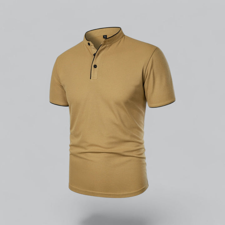 mustard yellow polo shirt with black-trimmed collar, angled front view