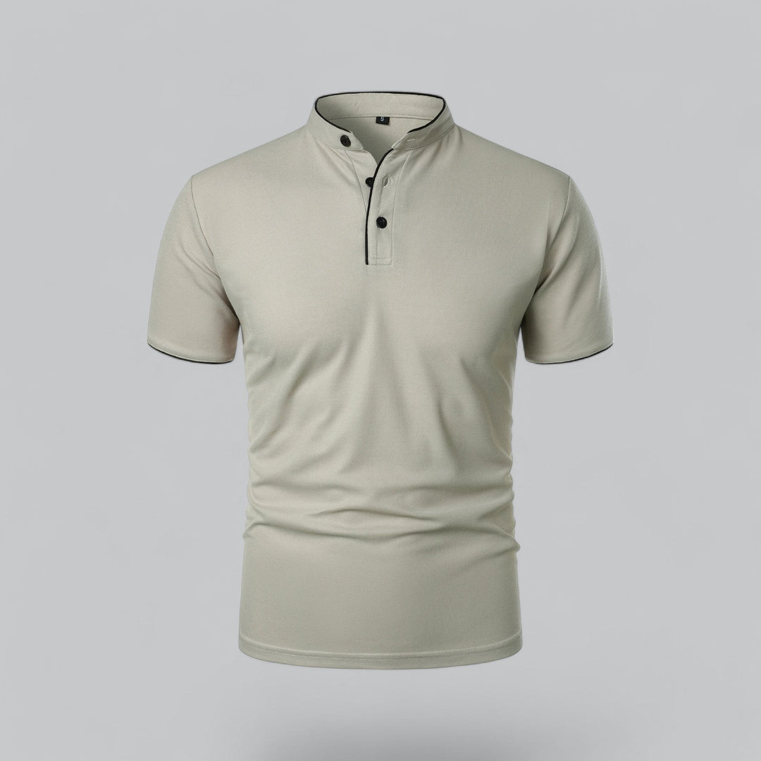 mustard yellow collarless polo shirt displayed at a side angle