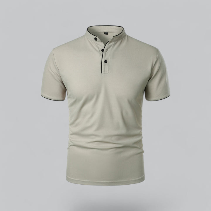 mustard yellow collarless polo shirt displayed at a side angle