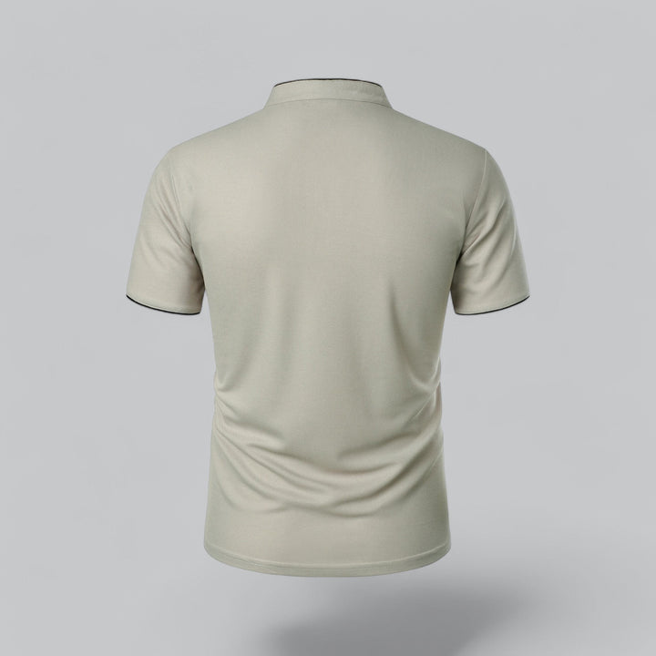 stone beige men's polo shirt with mandarin collar and black piping, front view