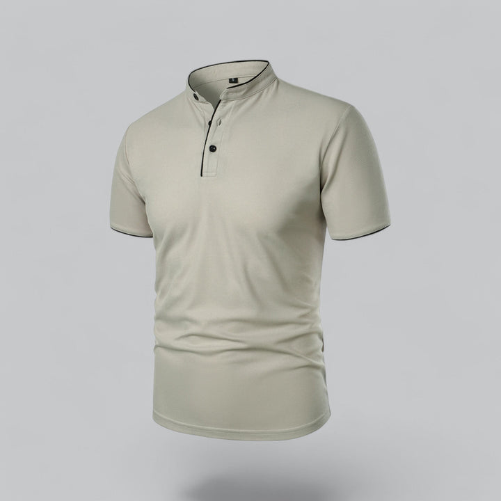 stone beige polo shirt showing plain back and short sleeves
