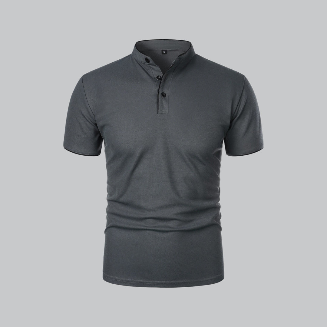 stone beige collarless polo shirt with black-trimmed buttons, angled front view