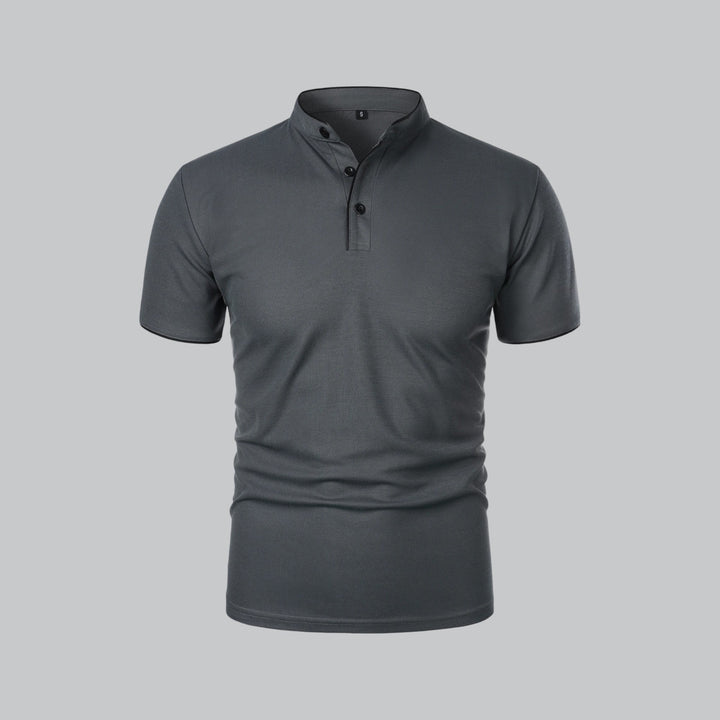 stone beige collarless polo shirt with black-trimmed buttons, angled front view