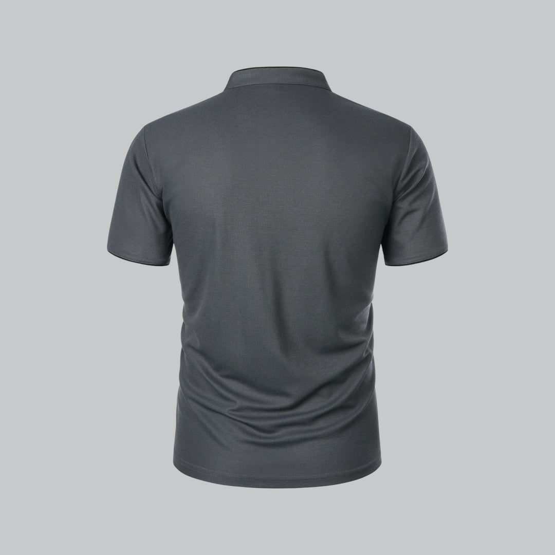 charcoal grey men's polo shirt with mandarin collar and black piping, front view