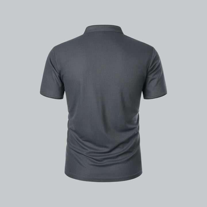 charcoal grey men's polo shirt with mandarin collar and black piping, front view