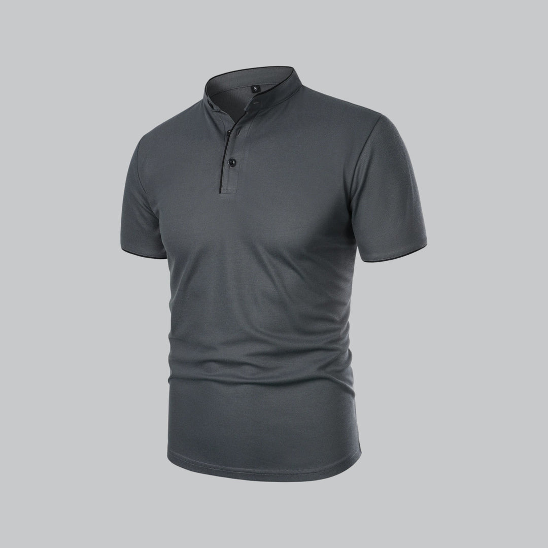 charcoal grey polo shirt showing plain back and short sleeves
