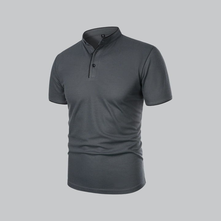 charcoal grey polo shirt showing plain back and short sleeves