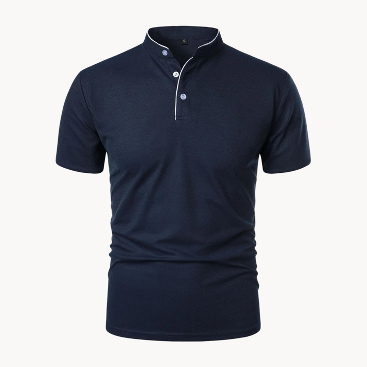 Navy men's polo shirt with white-trimmed grandad collar and short sleeves