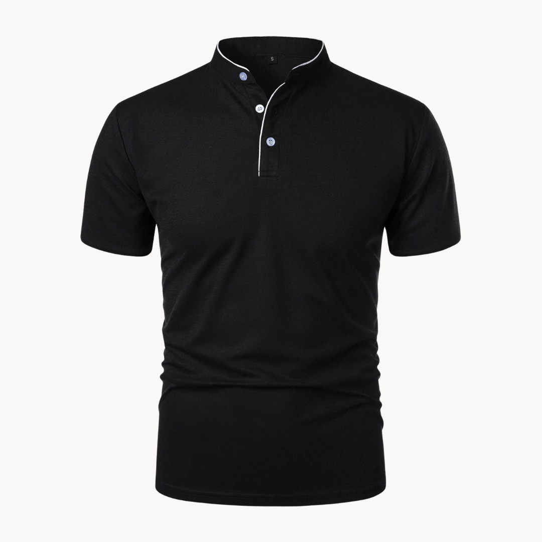 Black men's polo shirt featuring white piping detail on collar placket