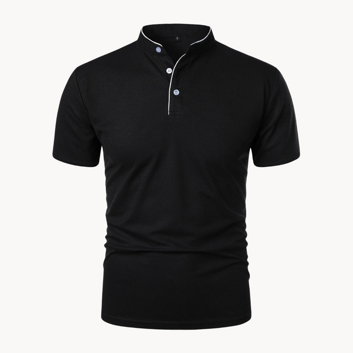 Black men's polo shirt featuring white piping detail on collar placket