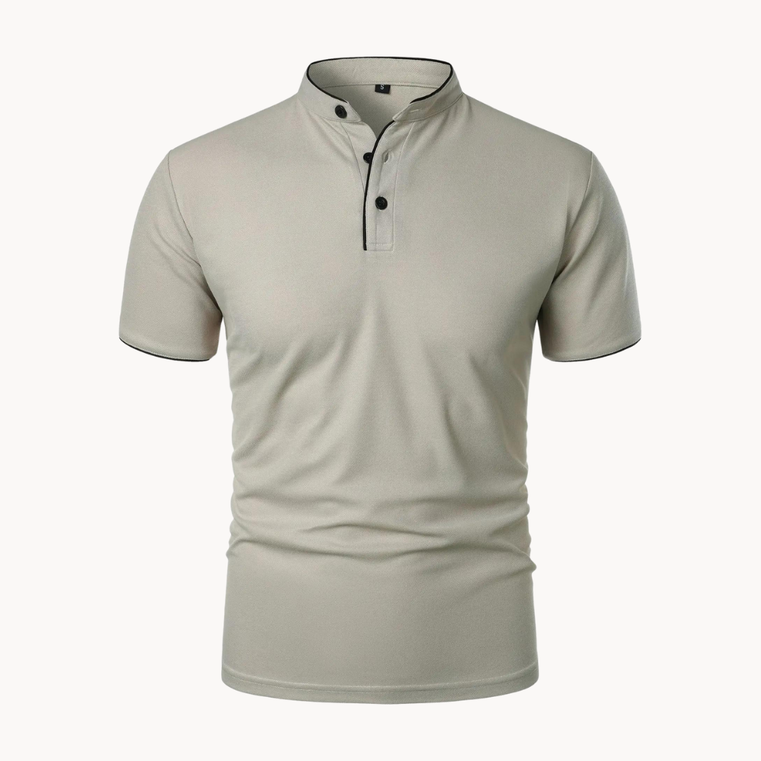 Stone beige men's polo shirt with contrast black collar trim