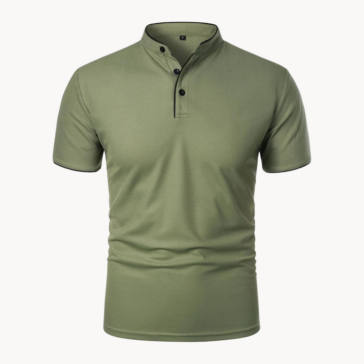 Sage green men's polo shirt with black-trimmed stand collar