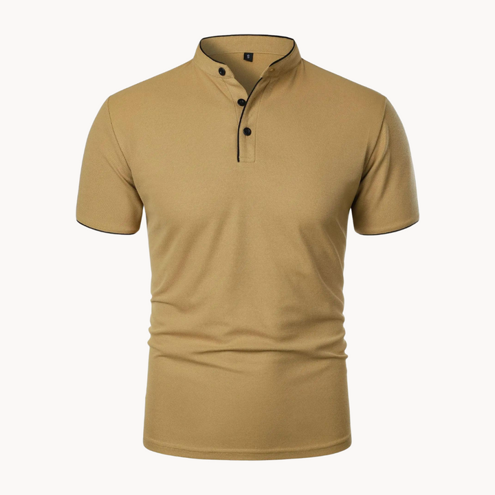 Mustard yellow men's polo shirt with black piping and button placket