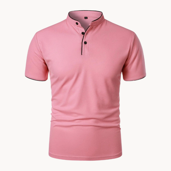 Blush pink men's polo shirt with contrast black collar detailing