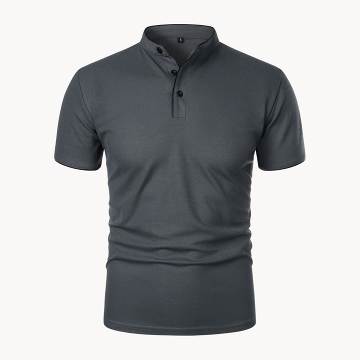 Charcoal grey men's polo shirt with buttoned mandarin collar