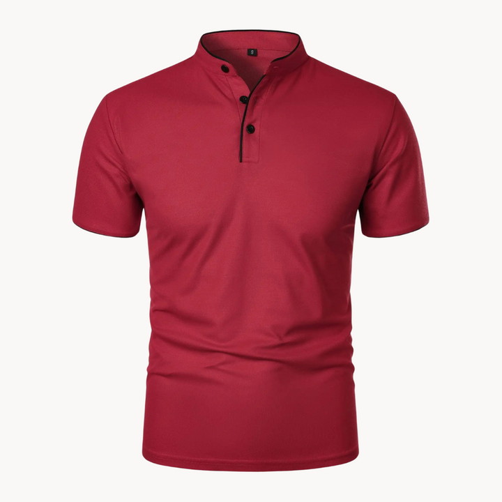 Burgundy red men's polo shirt with black trim and short sleeves