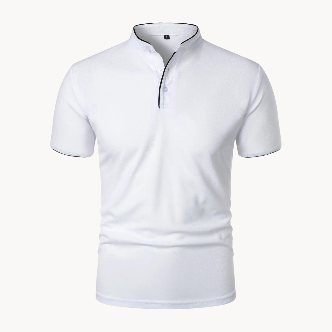 White men's polo shirt with black piping on grandad collar