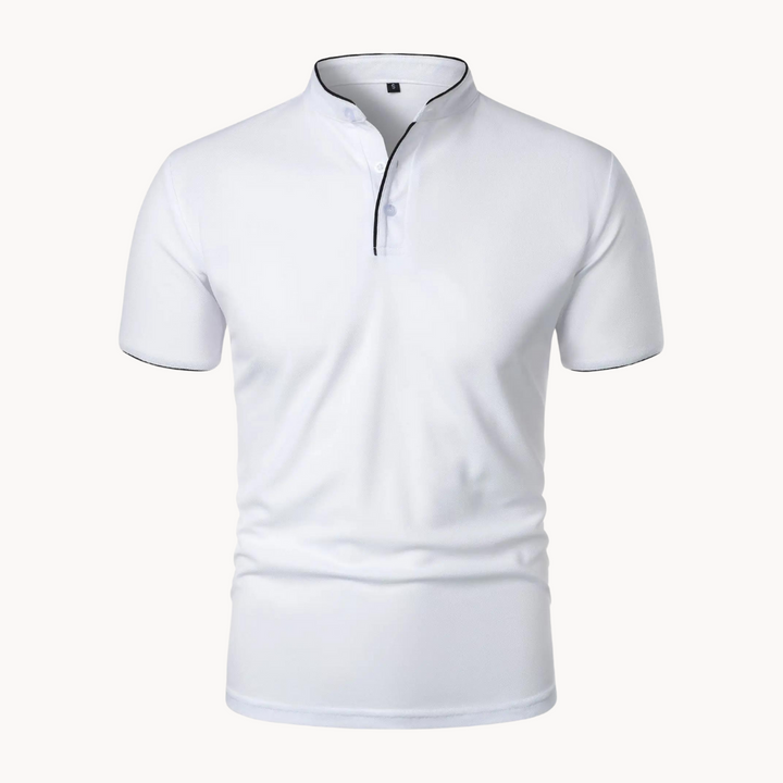 White men's polo shirt with black piping on grandad collar