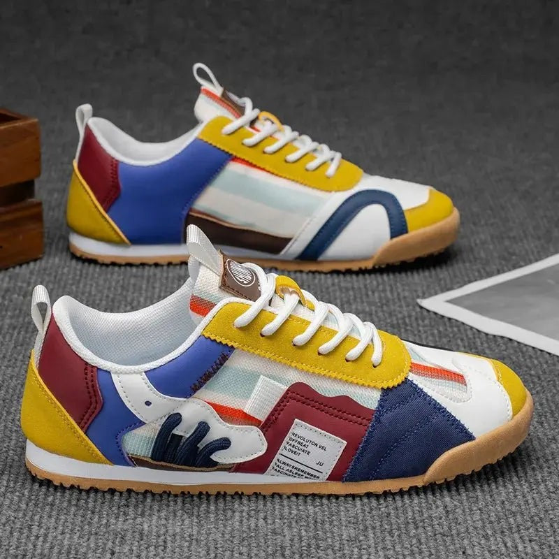 Pair of striped multi-panel trainers with burgundy and navy accents