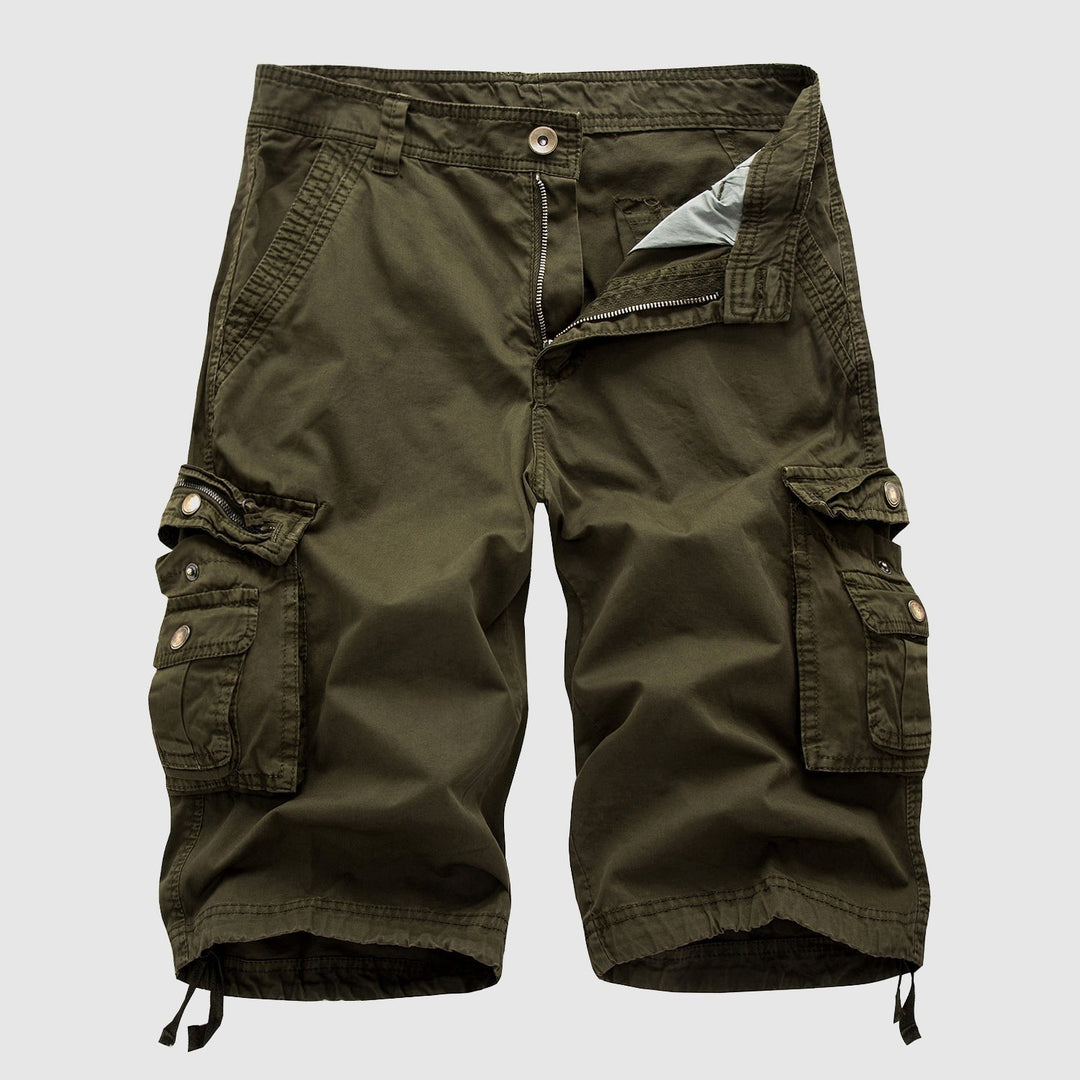 Army green cargo shorts with bronze-tone buttons and side pockets