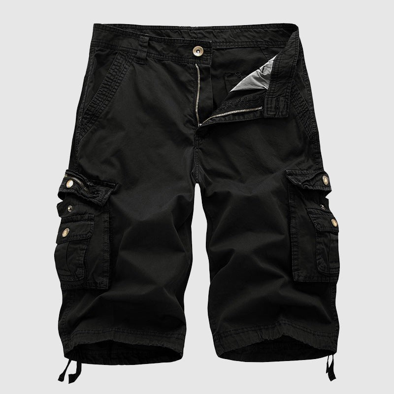 Black cargo shorts featuring twin side pockets and a zip fly
