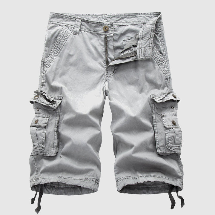 Light grey cargo shorts with distressed finish and drawstring leg openings