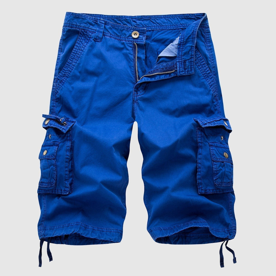 Royal blue cargo shorts with contrast lining and multiple utility pockets