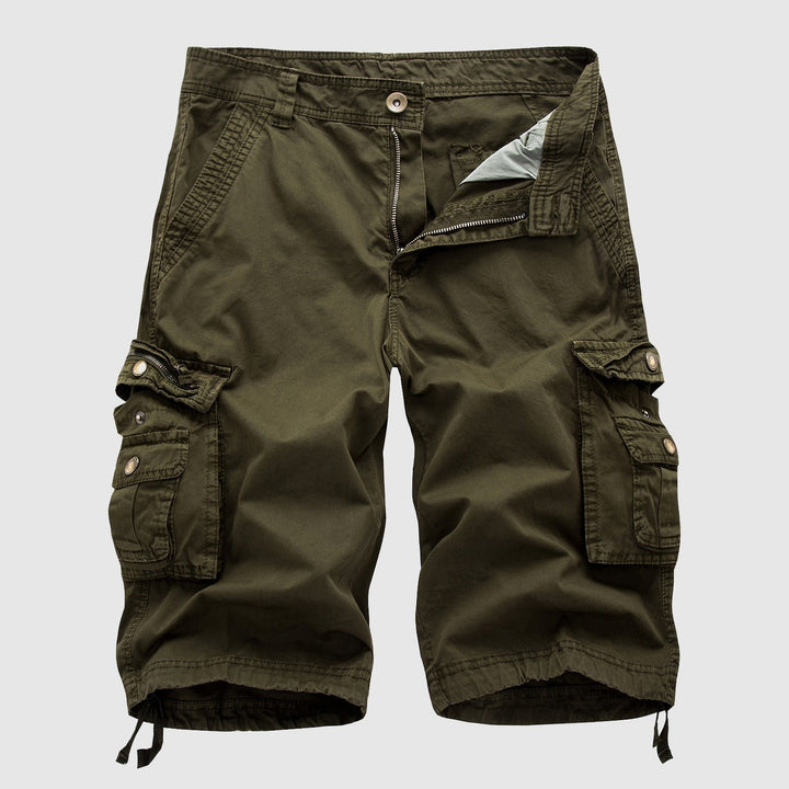 Olive green cargo shorts with flap pockets and toggle drawstring hems