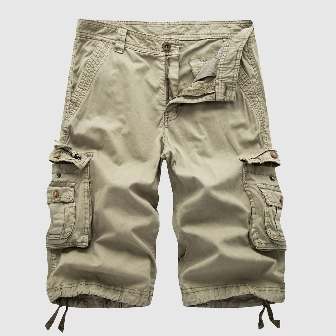 Stone beige cargo shorts with faded wash and side cargo pockets