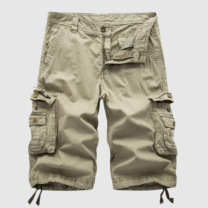 Stone beige cargo shorts with faded wash and side cargo pockets