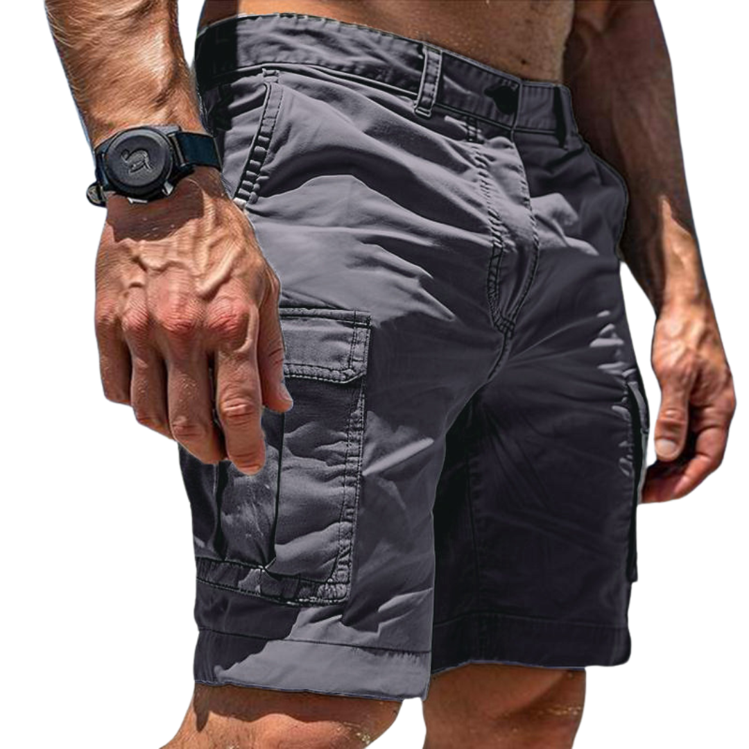 Grey cotton cargo shorts with buttoned side pocket, close-up side view