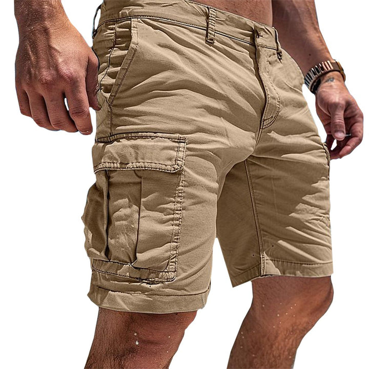 Beige cargo utility shorts featuring a buttoned flap pocket detail