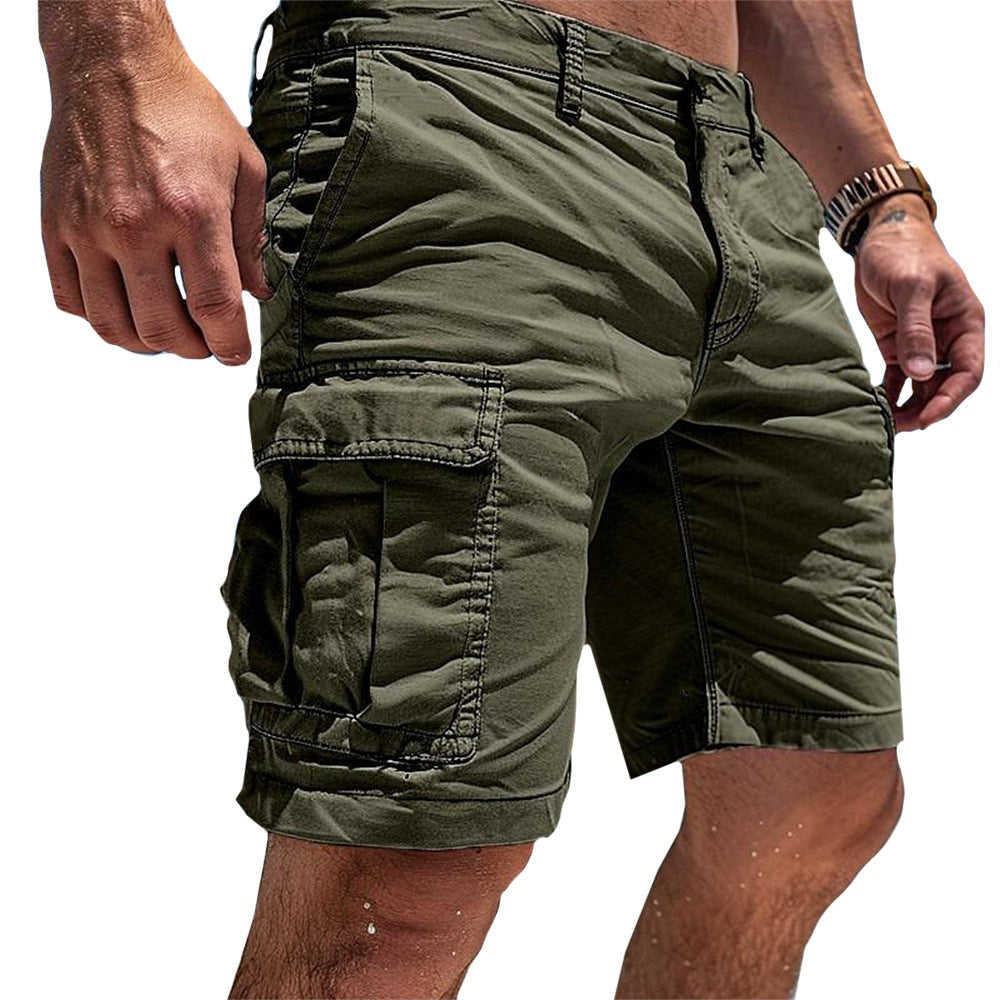 Khaki green cargo shorts with stitched side pocket and belt loops